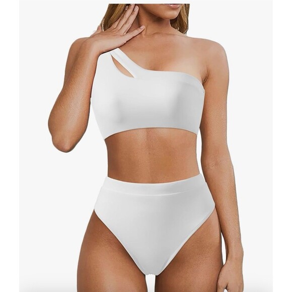 Women Cutout One Shoulder High Waisted Bikini High Cut 2 Piece Swimsuit white M - Picture 1 of 7